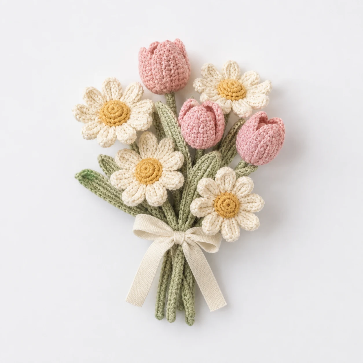 Crochet daisies and pink tulips on a pale studio background, product concept