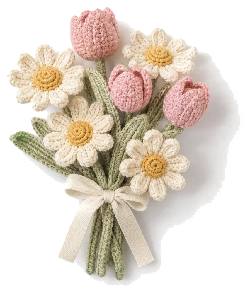 Crochet daisies and pink tulips on a pale studio background, product concept