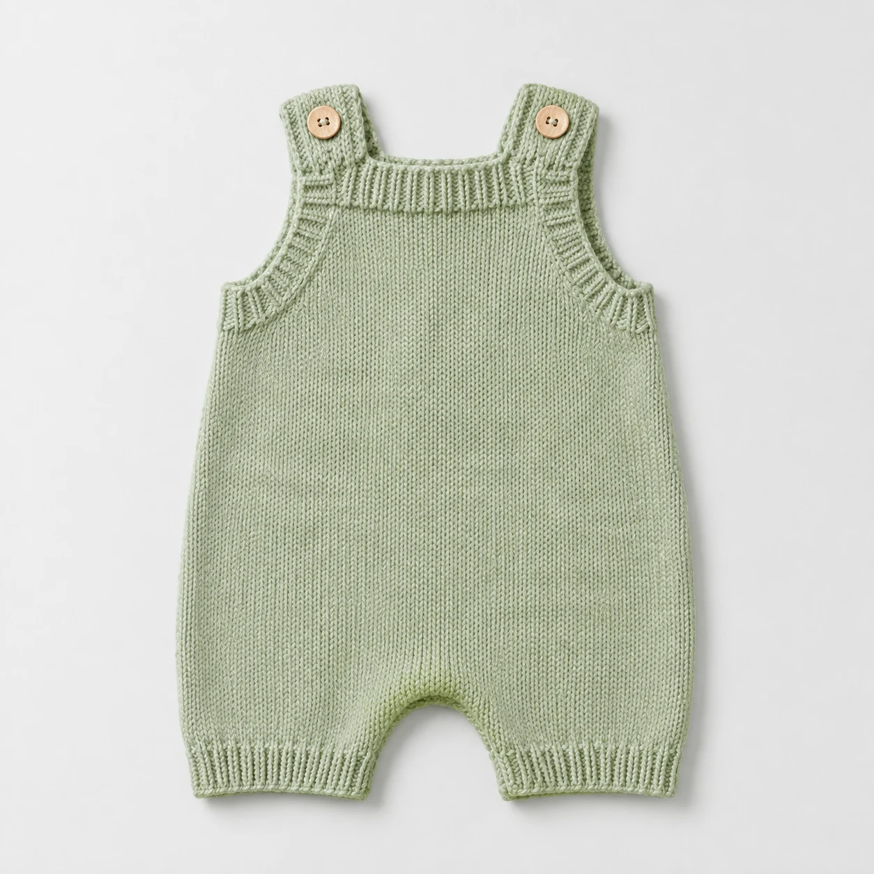 Sage green knitted baby romper on a pale studio background, product concept
