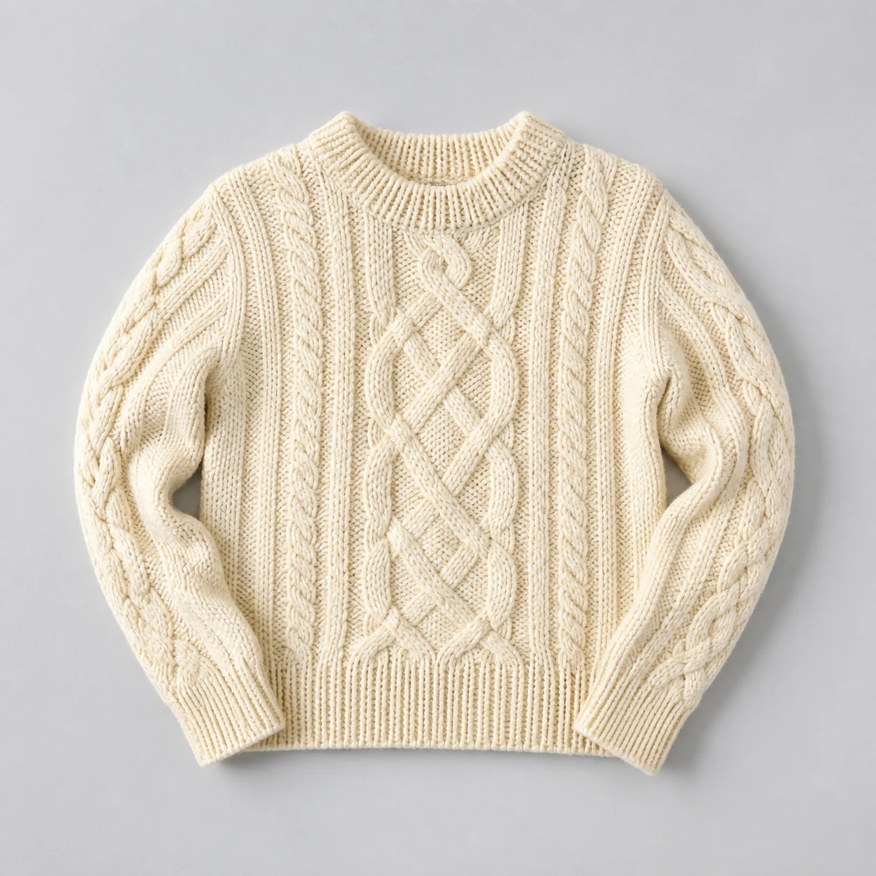 Ivory cable-knit sweater on a pale studio background, product concept